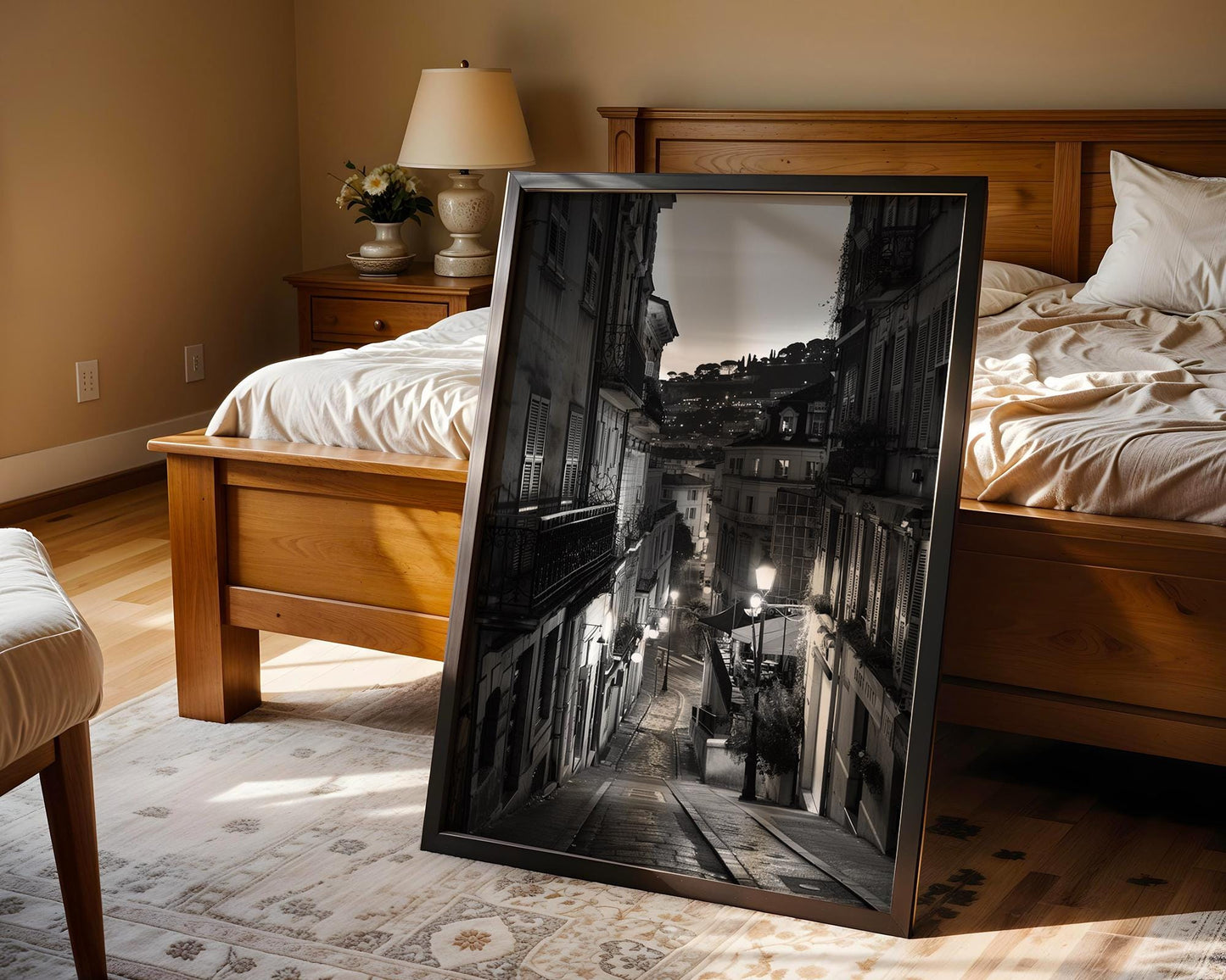 World Landmark | French Riviera Print | Old Town Street Black and White Photography black and white photo print, minimalist monochrome wall art poster for modern interiors, Monohaus