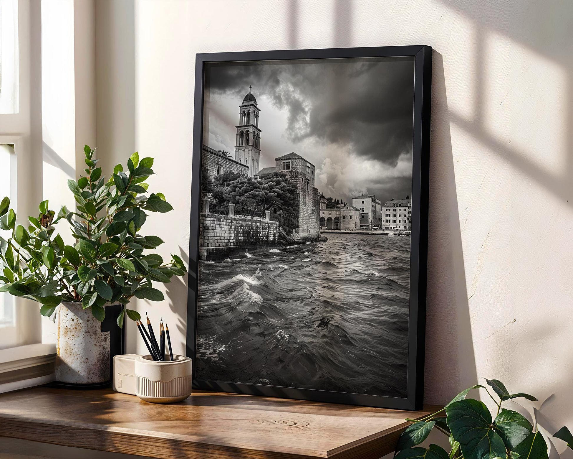 World Landmark | Dubrovnik Croatia Print | Black and White Seaside Architecture wall art print, black and white architectural poster, minimalist modern Scandinavian wall decor, Monohaus