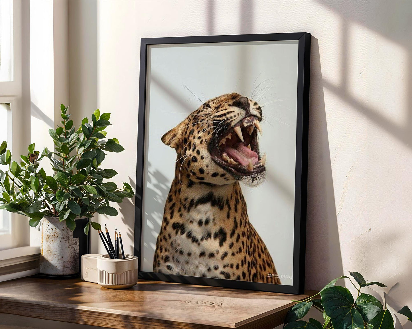 Designer Wall Art | Growling Leopard Print | Black and White Safari Animal Photo wall art print, minimalist black and white poster, modern Scandinavian wall decor, Monohaus