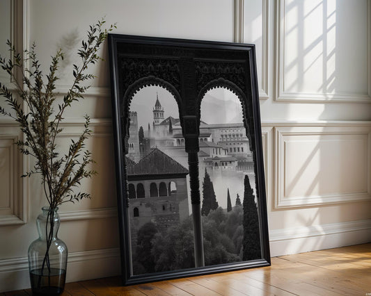 World Landmark | Alhambra Palace Arches Print | Moorish Architecture Photography wall art print, black and white architectural poster, minimalist modern Scandinavian wall decor, Monohaus