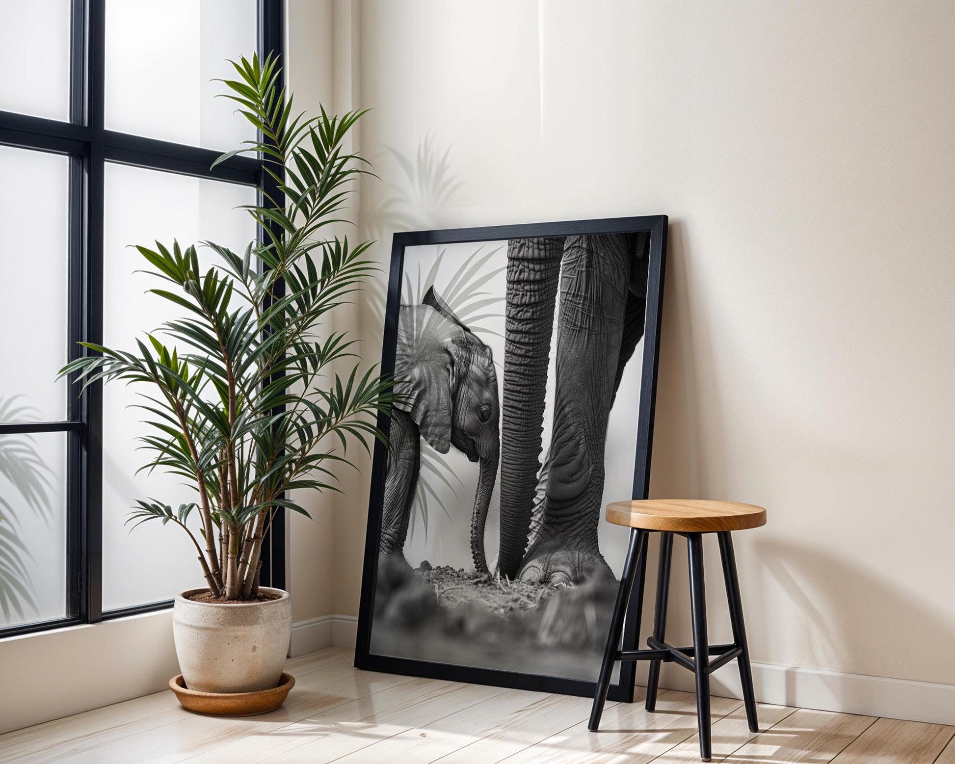 Wildlife Poster | Elephant Calf & Mother Print | Black and White Safari Photography wall art print, minimalist black and white poster, modern Scandinavian wall decor, Monohaus