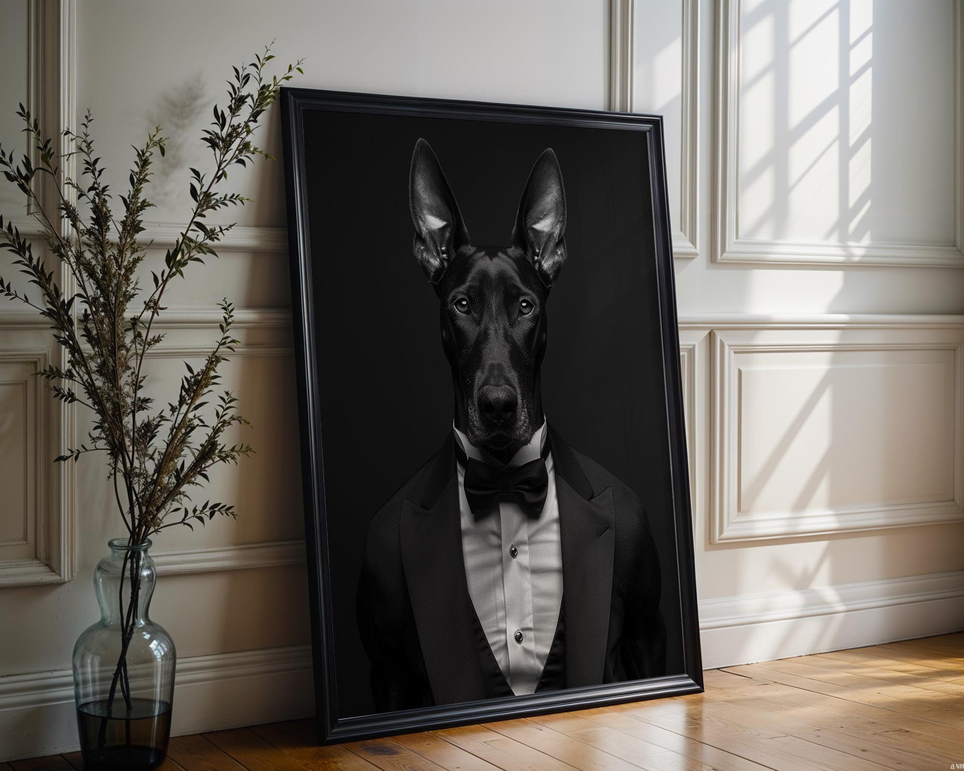 Dog Photography Doberman Tuxedo Print | Whimsical Black Tie Pet Portrait wall art print, minimalist black and white poster, modern Scandinavian wall decor, Monohaus