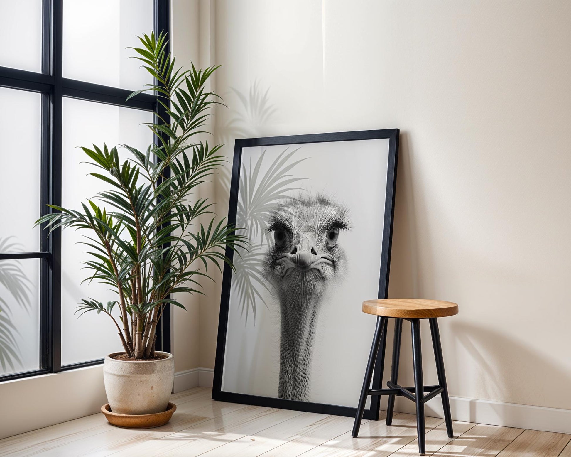 Wildlife Poster | Ostrich Fine Art Print • Minimalist Black & White Animal Portrait wall art print, minimalist black and white poster, modern Scandinavian wall decor, Monohaus