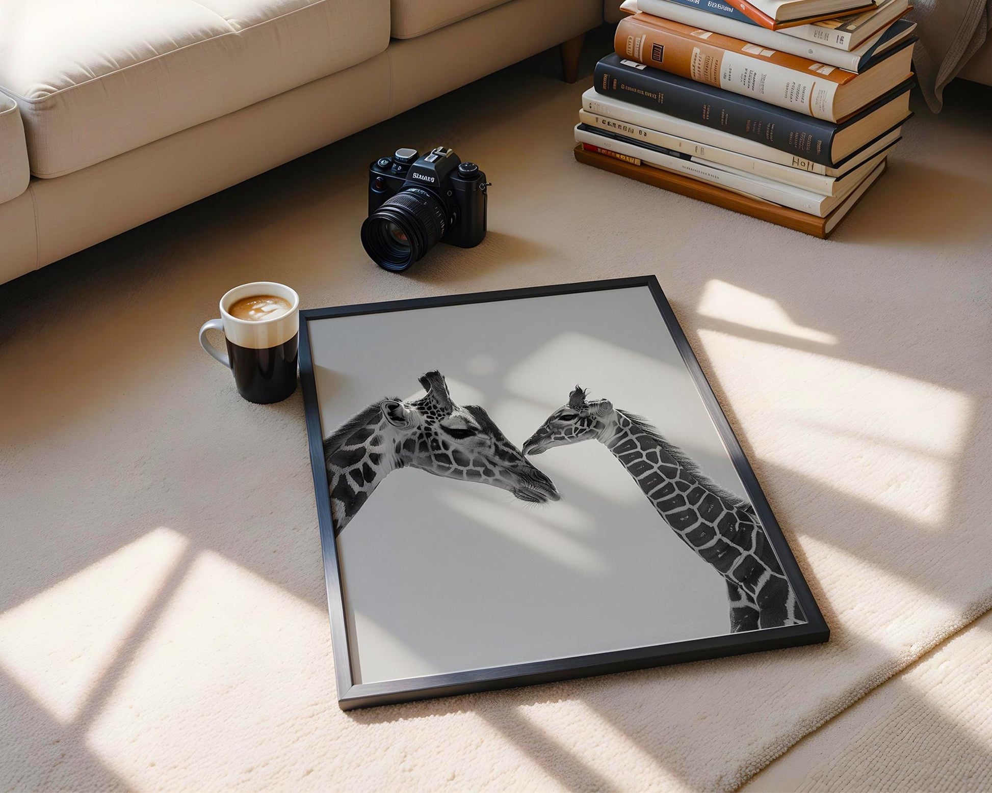 Wildlife Poster | Giraffe Mother and Calf Print | Minimalist  Photography wall art print, minimalist black and white poster, modern Scandinavian wall decor, Monohaus