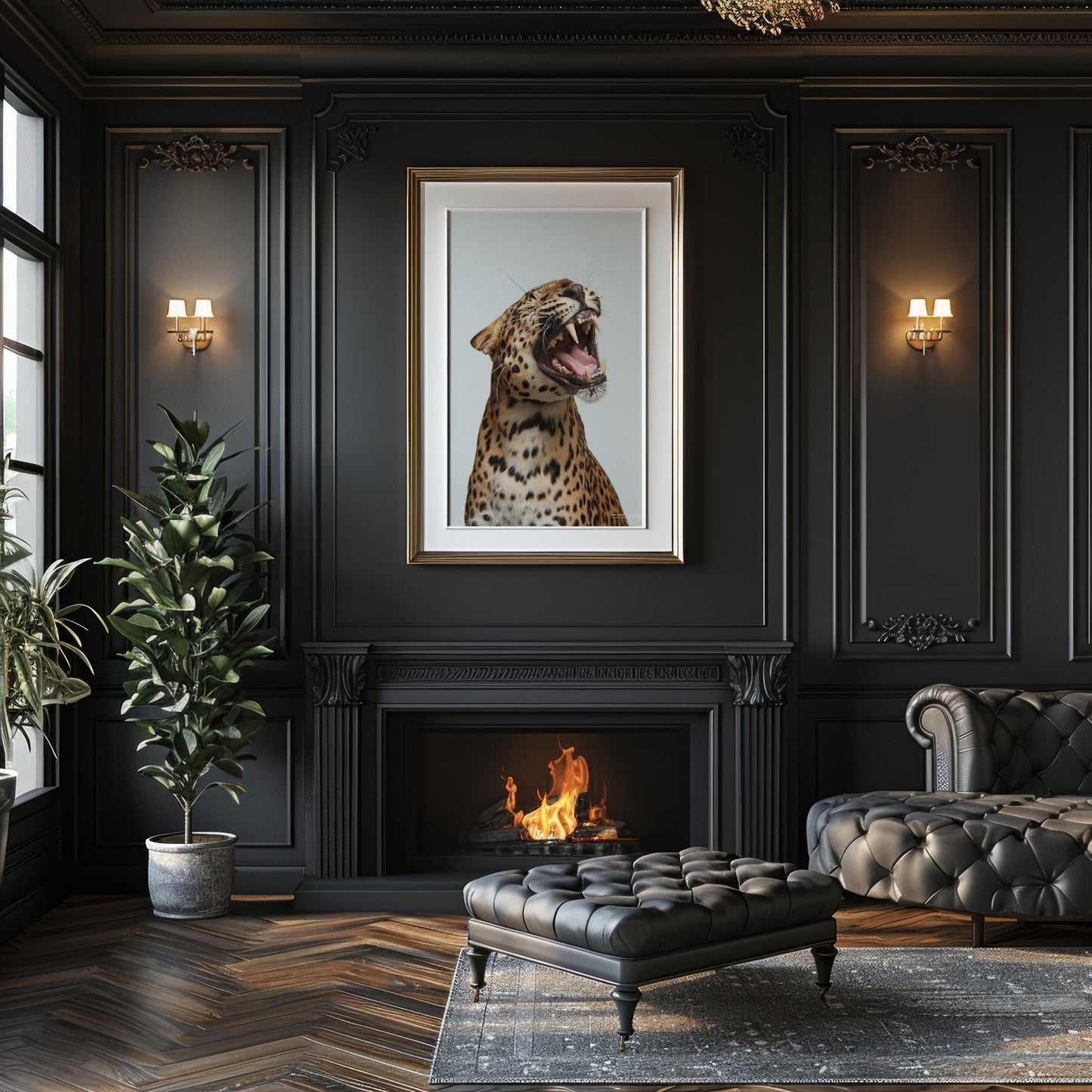 Designer Wall Art | Growling Leopard Print | Black and White Safari Animal Photo wall art print, minimalist black and white poster, modern Scandinavian wall decor, Monohaus