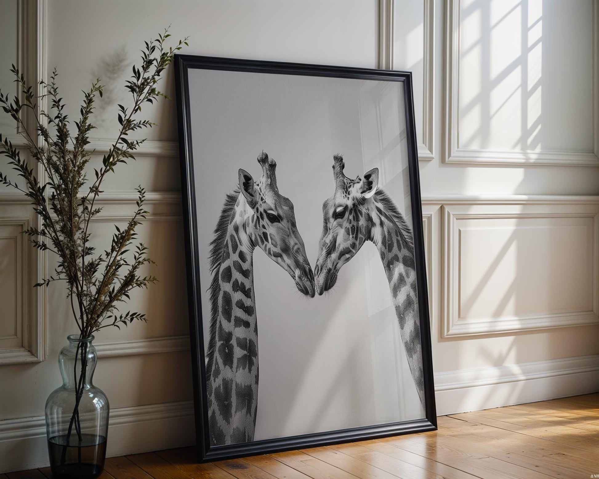 Wildlife Poster | Giraffe Pair Fine Art Print • Black & White Safari Photography wall art print, minimalist black and white poster, modern Scandinavian wall decor, Monohaus