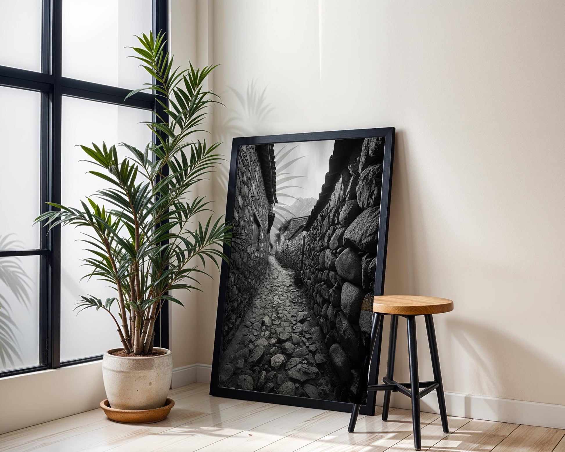 World Landmark | Ollantaytambo Peru Print | Stone Alleyway, Black and White Andes Photography wall art print, minimalist black and white poster, modern Scandinavian wall decor, Monohaus