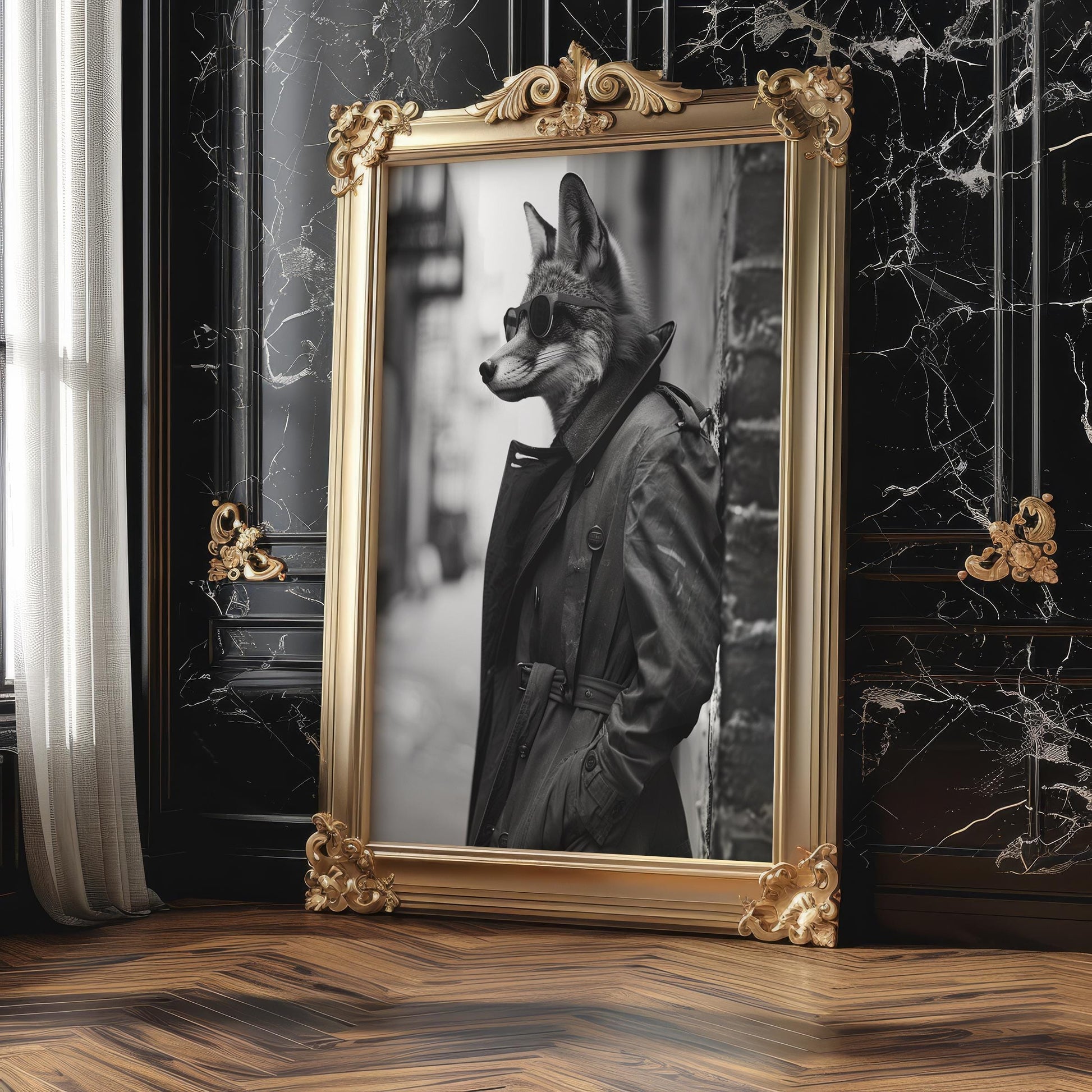 Dog Photography Fox in Trench Coat Print | Urban Animal Portrait, Modern Poster black and white photo print, minimalist monochrome wall art poster for modern interiors, Monohaus