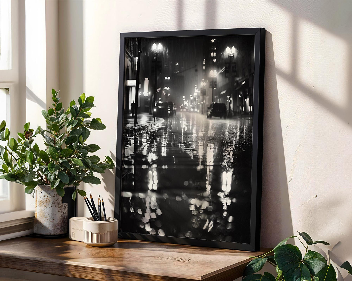 Urban Photography | Rainy City Street Print | Moody Black and White Bokeh Poster wall art print, black and white architectural poster, minimalist modern Scandinavian wall decor, Monohaus