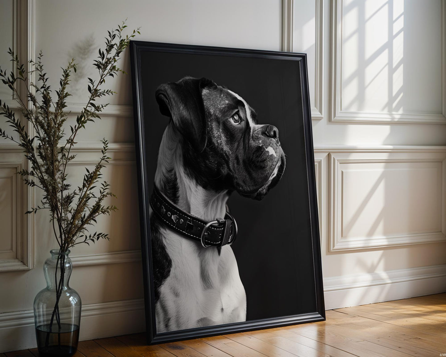 Dog Photography Boxer Pet Portrait Print | Brindle Puppy Poster wall art print, minimalist black and white poster, modern Scandinavian wall decor, Monohaus