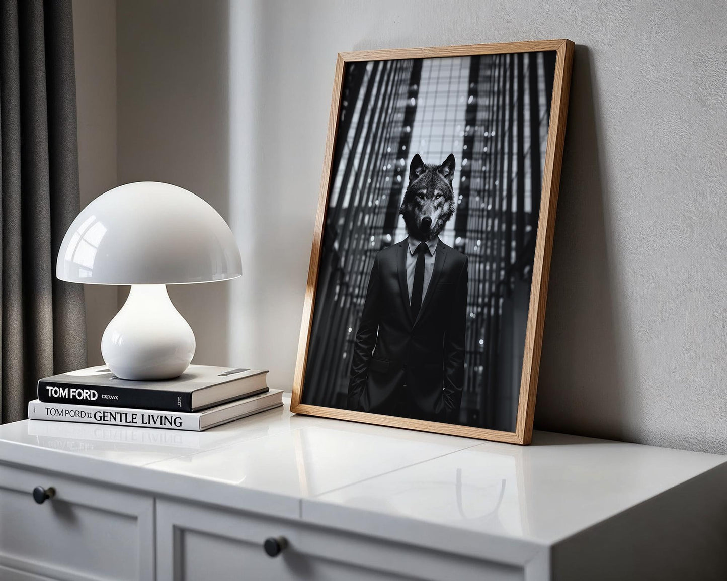 Designer Wall Art | Black and White Surreal Photography | Wolf Head in Suit wall art print, minimalist black and white poster, modern Scandinavian wall decor, Monohaus