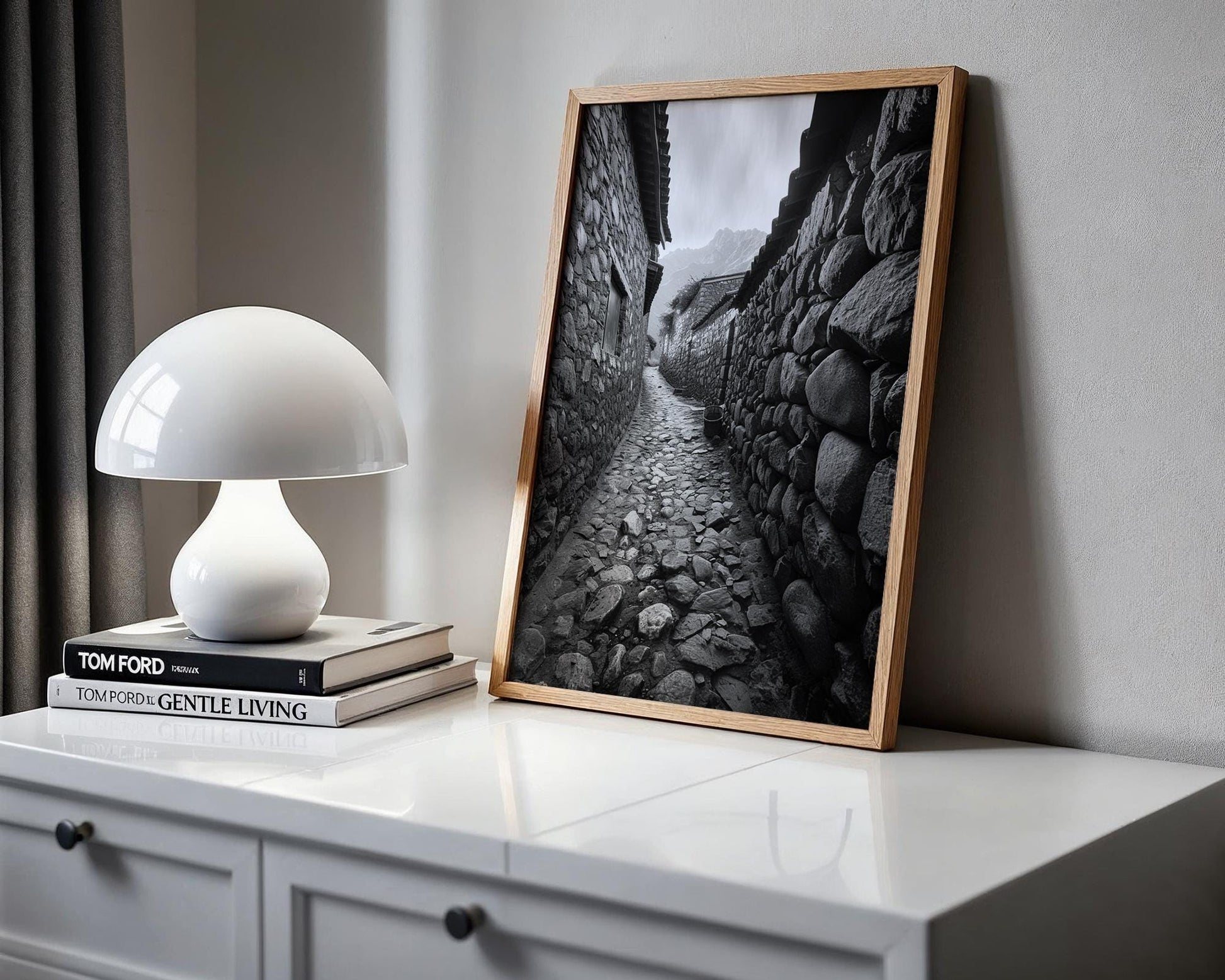 World Landmark | Ollantaytambo Peru Print | Stone Alleyway, Black and White Andes Photography wall art print, minimalist black and white poster, modern Scandinavian wall decor, Monohaus