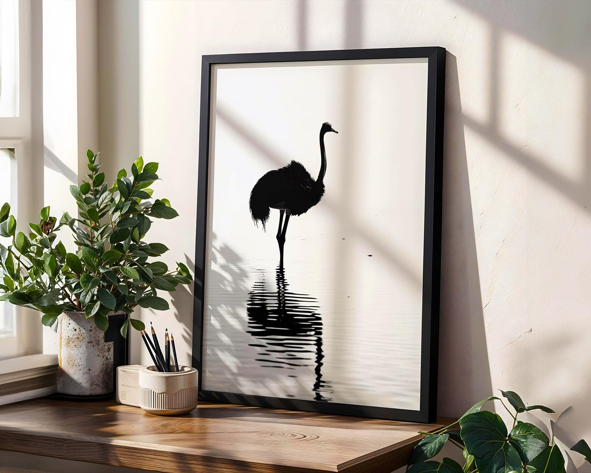 Wildlife Poster | Ostrich Silhouette Art Print • Minimalist Black & White Photography wall art print, minimalist black and white poster, modern Scandinavian wall decor, Monohaus