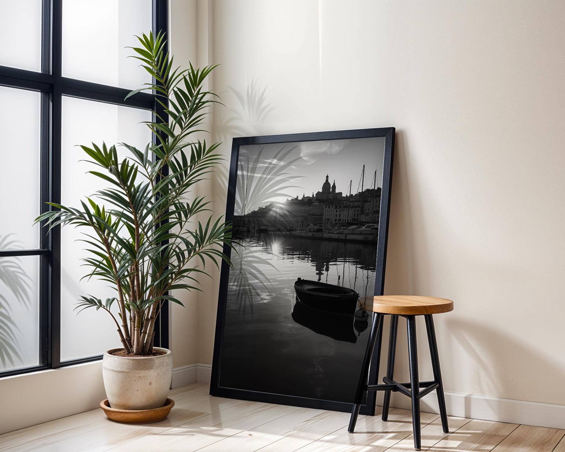 World Landmark | Marseille Harbour Print | Sunrise, French Coastline Photography wall art print, minimalist black and white poster, modern Scandinavian wall decor, Monohaus