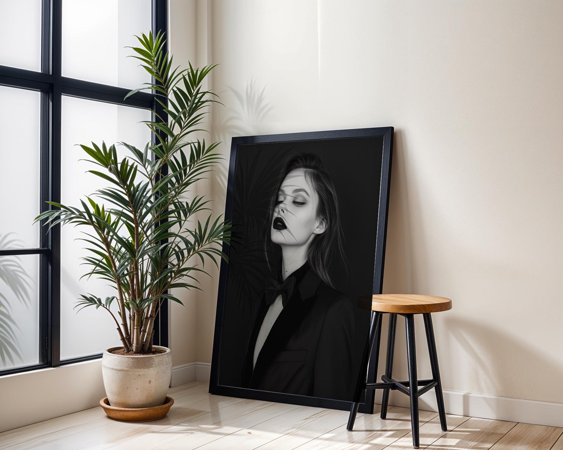 Minimal Wall Art Woman in Tuxedo Art Print | Monochrome Fashion Photography wall art print, minimalist black and white poster, modern Scandinavian wall decor, Monohaus