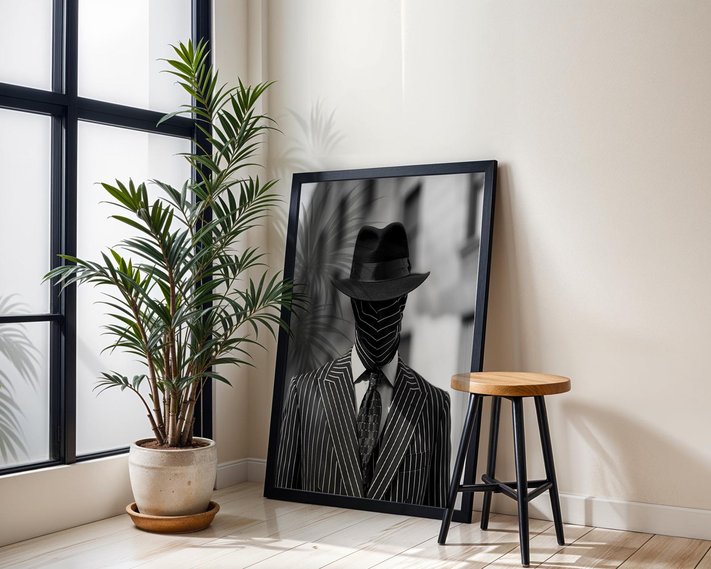 Minimal Wall Art Pinstripe Suit Man Portrait Black and White | Film Noir wall art print, minimalist black and white poster, modern Scandinavian wall decor, Monohaus