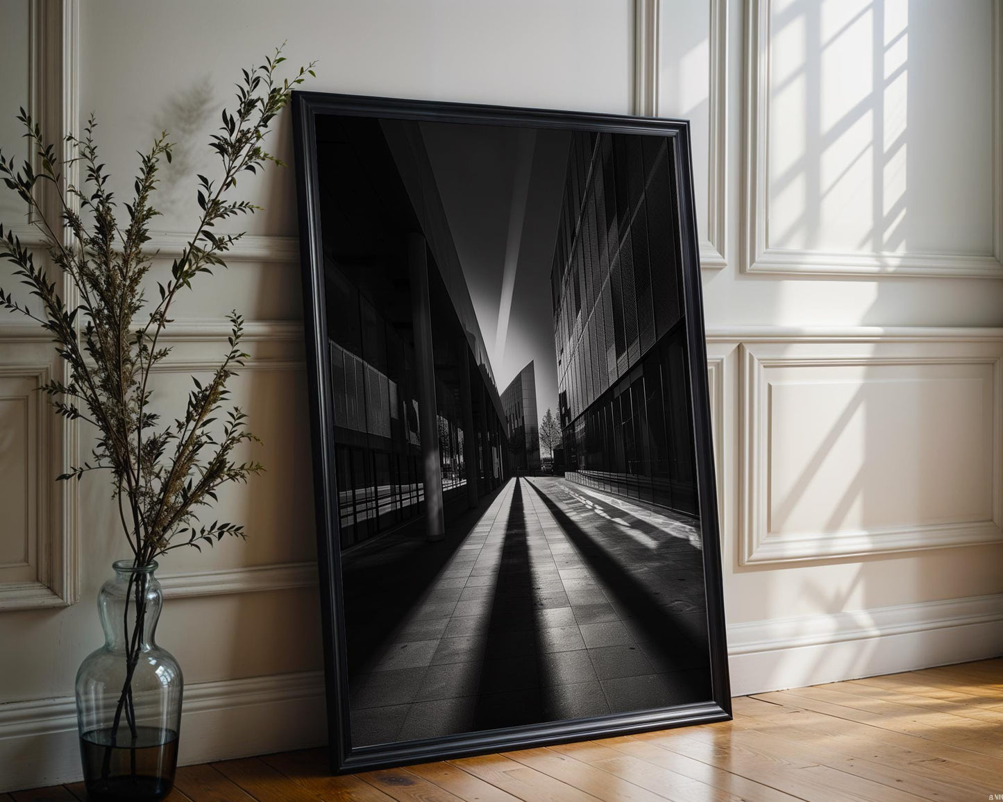 Urban Photography Sunbeam Print Black and White | Minimalist City Street Scene wall art print, black and white architectural poster, minimalist modern Scandinavian wall decor, Monohaus