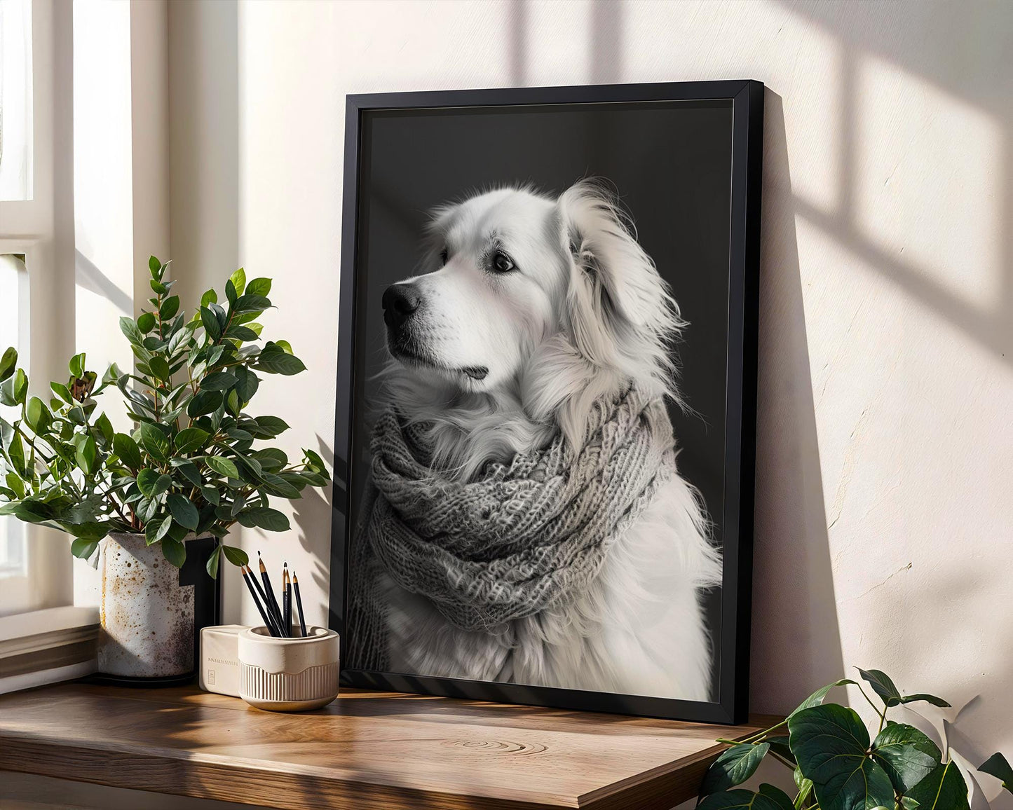 Dog Photography Pet Poster Print | Golden Retriever in Scarf, Minimalist Home Decor wall art print, minimalist black and white poster, modern Scandinavian wall decor, Monohaus