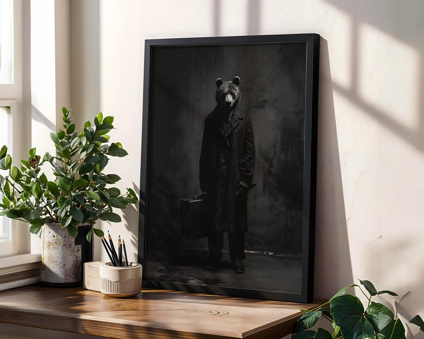 Dog Photography Bear in Trench Coat Art Print | Monohaus Minimalist Poster wall art print, minimalist black and white poster, modern Scandinavian wall decor, Monohaus