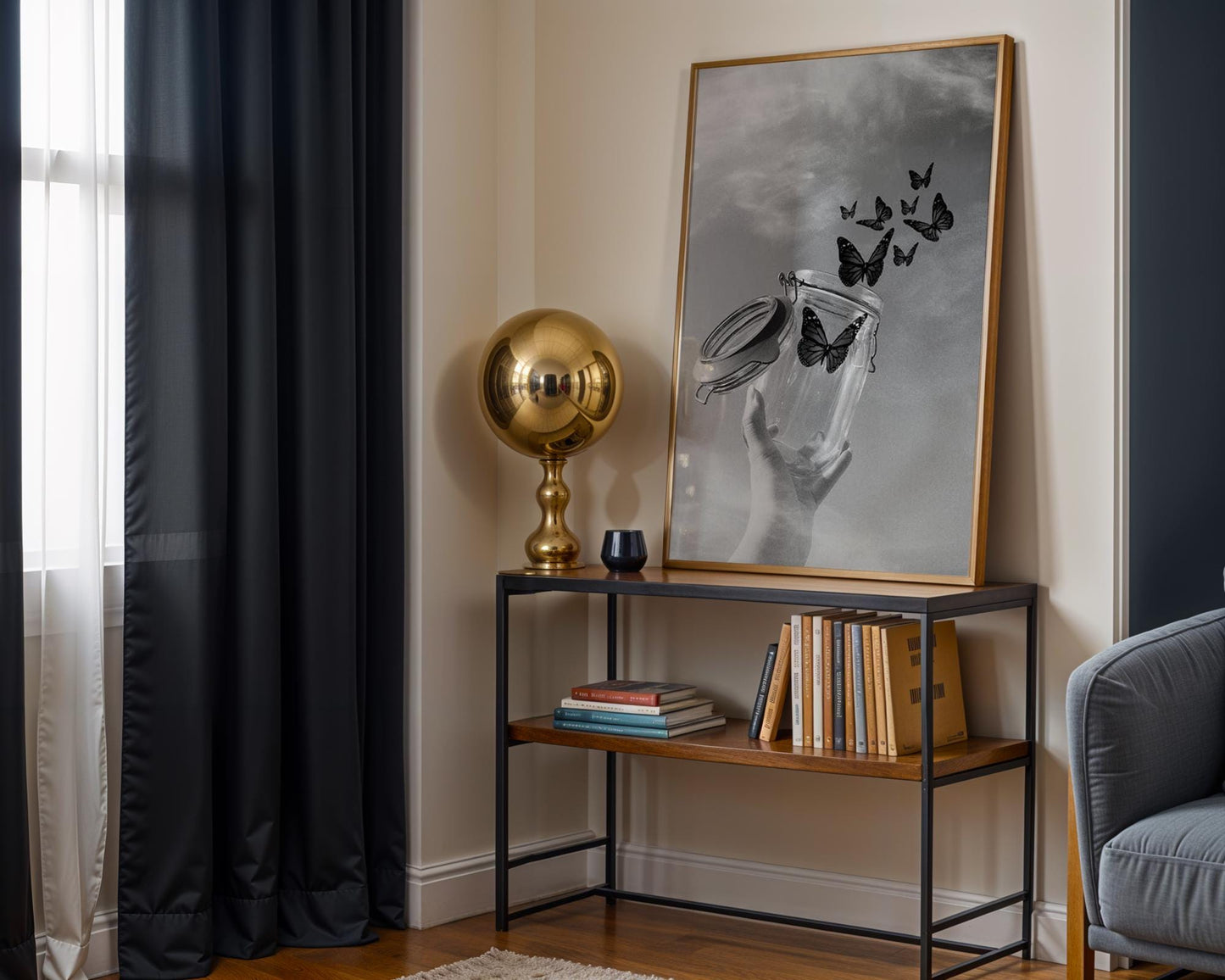 Designer Wall Art | Butterfly Jar Print | Minimalist Black & White Nature Photo wall art print, minimalist black and white poster, modern Scandinavian wall decor, Monohaus