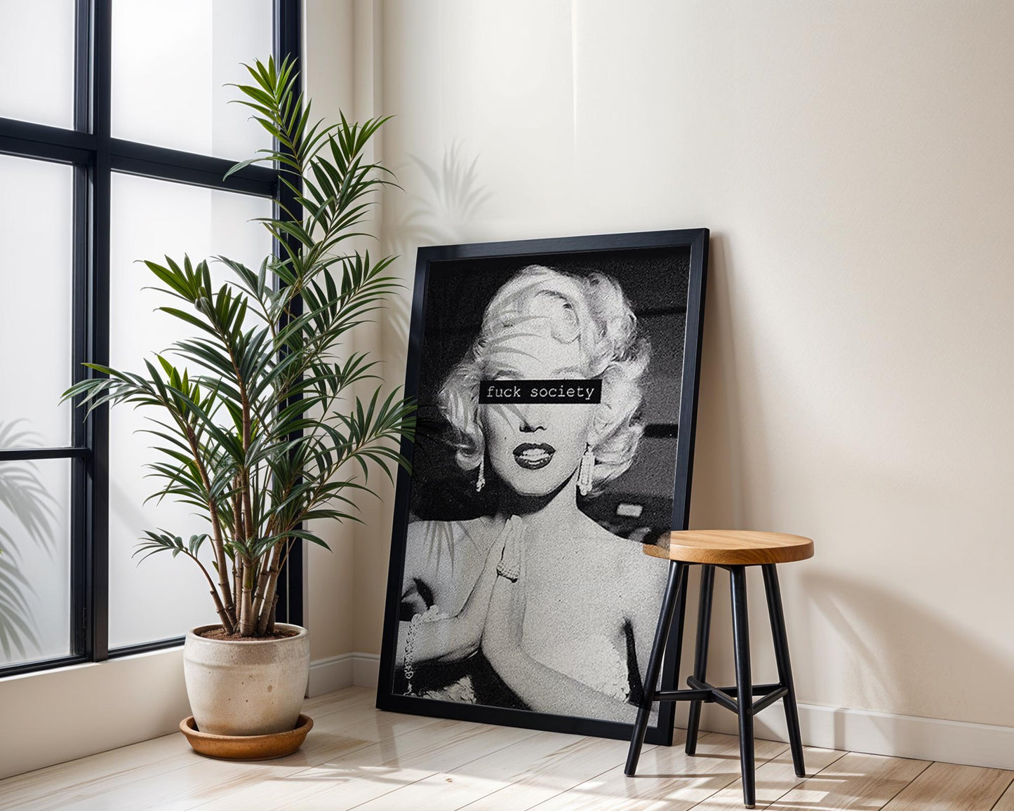 Designer Wall Art | Monochrome Monroe Portrait Print | Bold Censored Text, Pop Art Poster wall art print, minimalist black and white poster, modern Scandinavian wall decor, Monohaus
