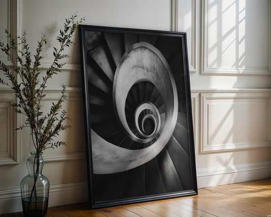 Minimal Wall Art Stair Spiral | Black and White Urban Architecture Photography wall art print, black and white architectural poster, minimalist modern Scandinavian wall decor, Monohaus