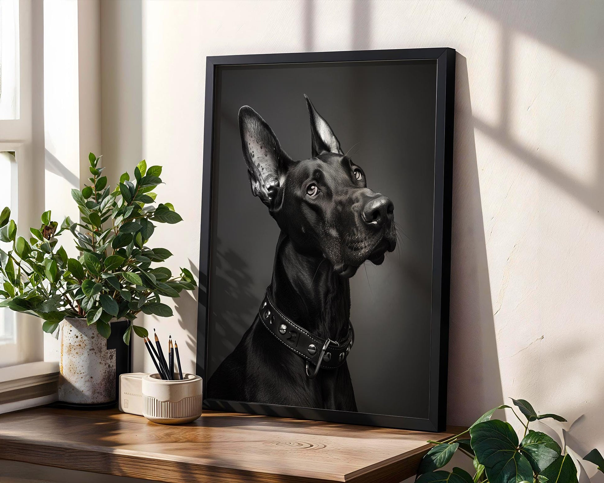 Dog Photography Doberman Print | Black Pet Portrait with Studded Collar wall art print, minimalist black and white poster, modern Scandinavian wall decor, Monohaus