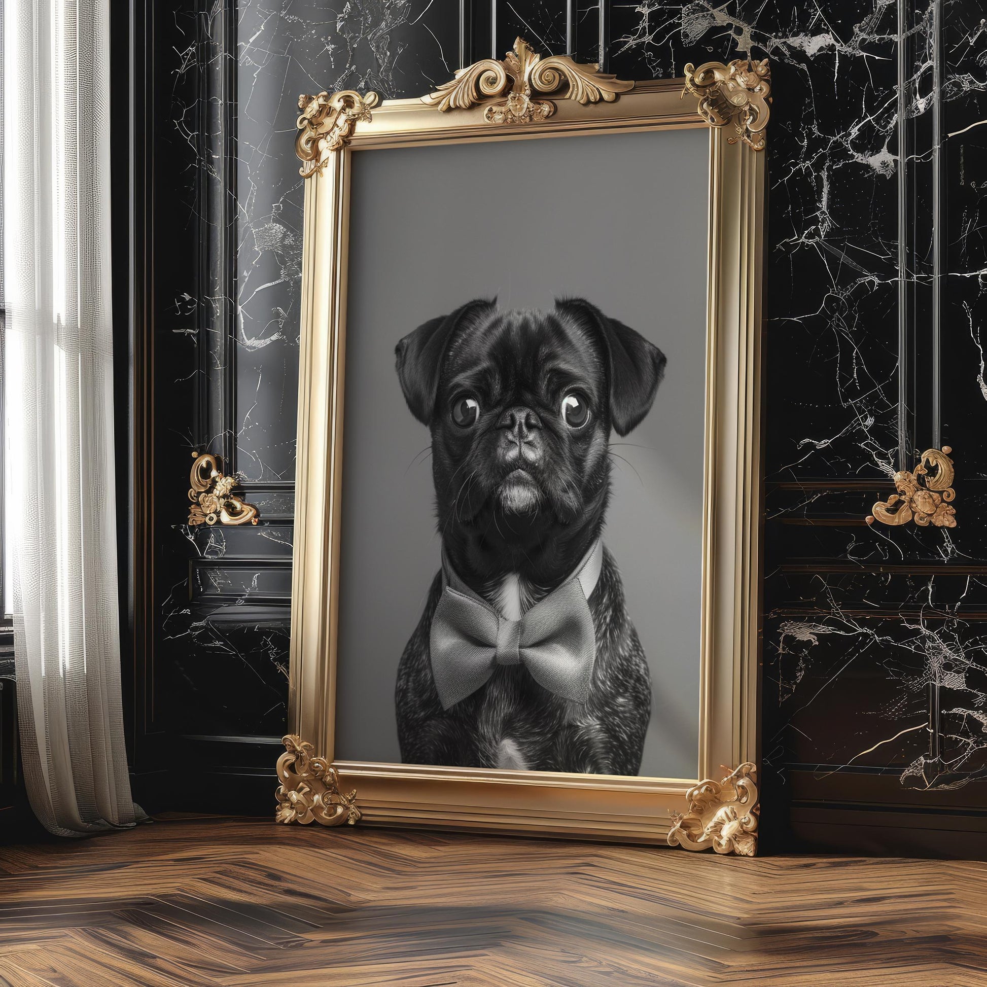 Dog Photography Black Pug Portrait Print | Pet with Bow Tie | Modern Poster wall art print, minimalist black and white poster, modern Scandinavian wall decor, Monohaus