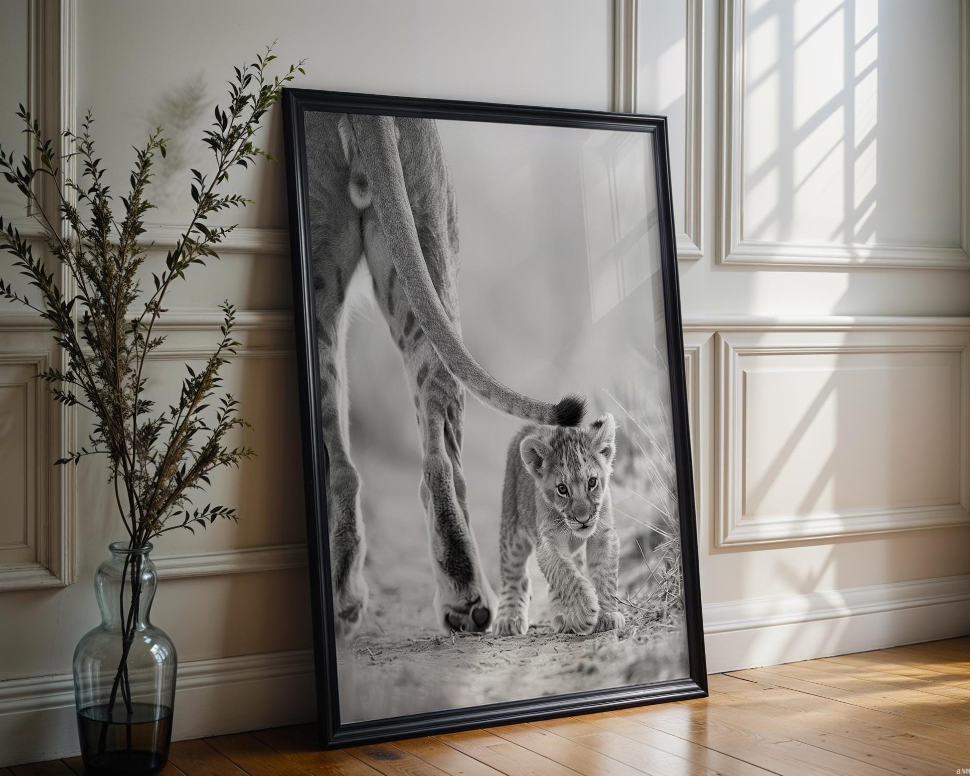 Wildlife Poster | Lion Cub and Mother Print | Minimalist Black & White Photography wall art print, minimalist black and white poster, modern Scandinavian wall decor, Monohaus