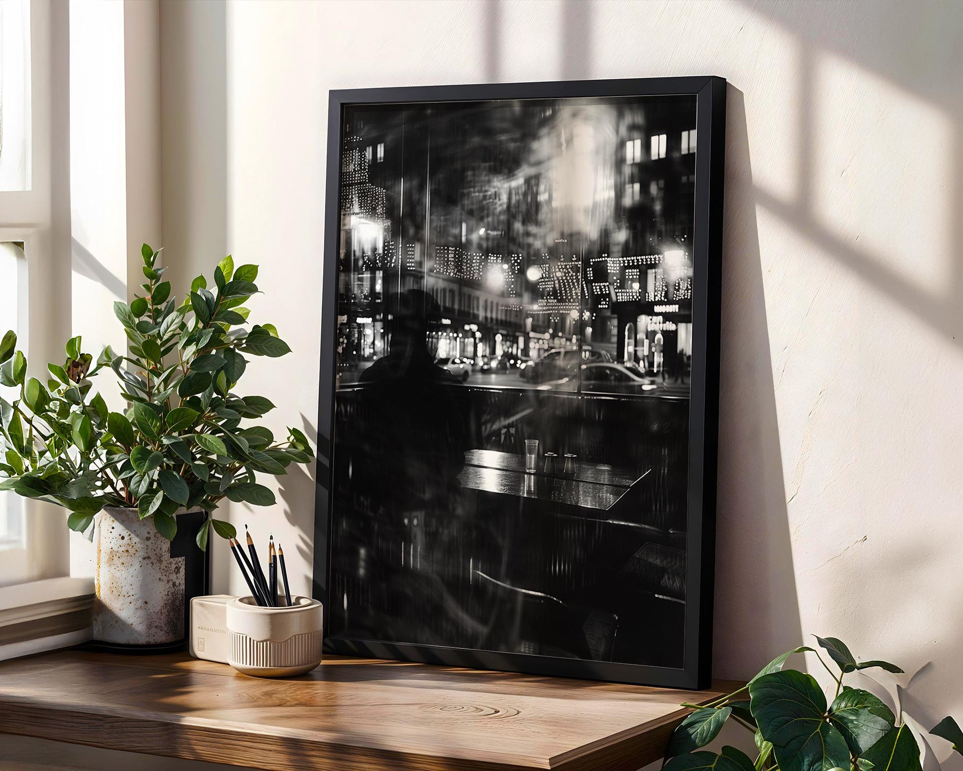 Urban Photography | Parisian Cafe Night Print | Black and White Photography, Moody Bokeh black and white photo print, minimalist monochrome wall art poster for modern interiors, Monohaus