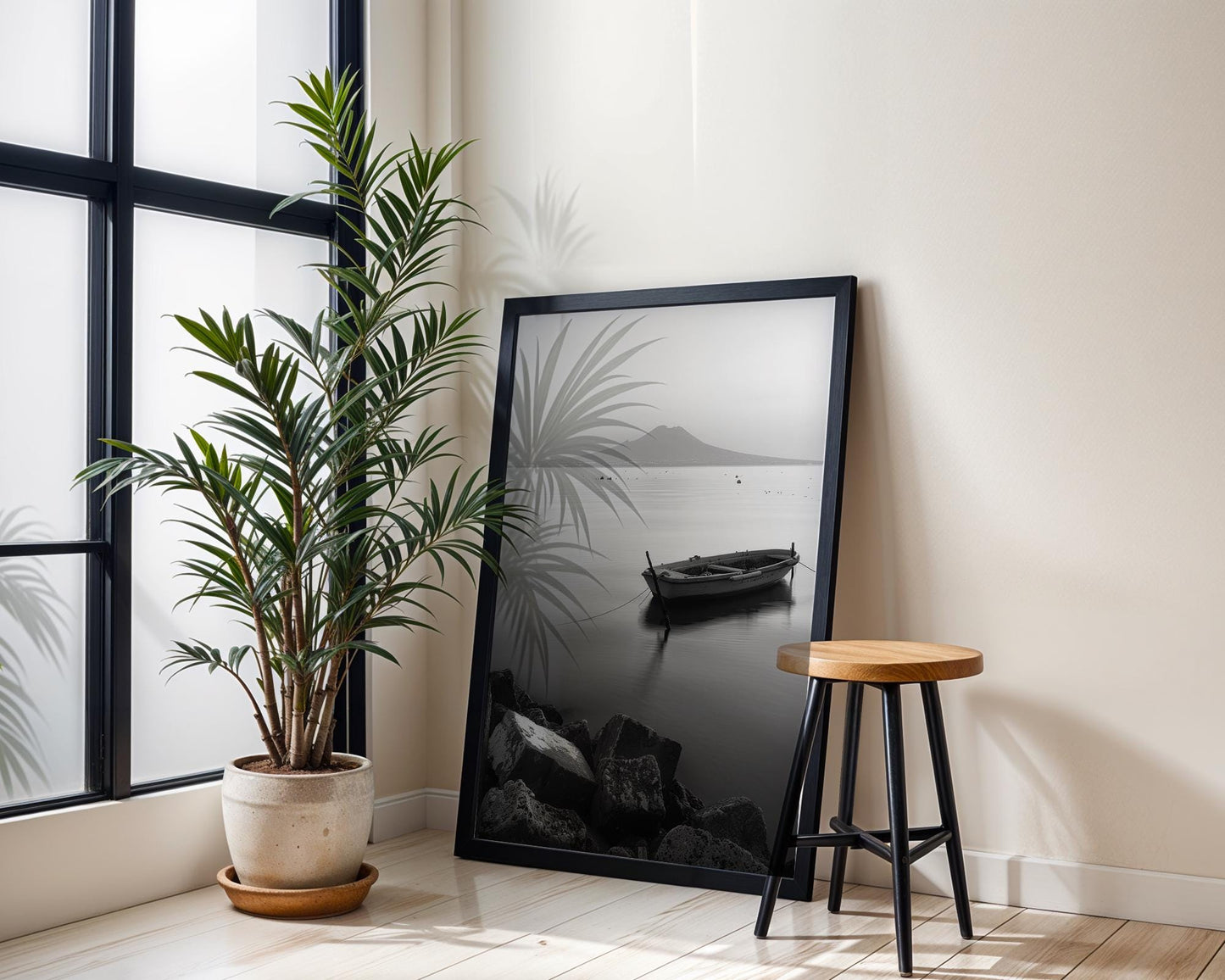 World Landmark | Naples Italy Photography | Mount Vesuvius, Boat Black and White Print