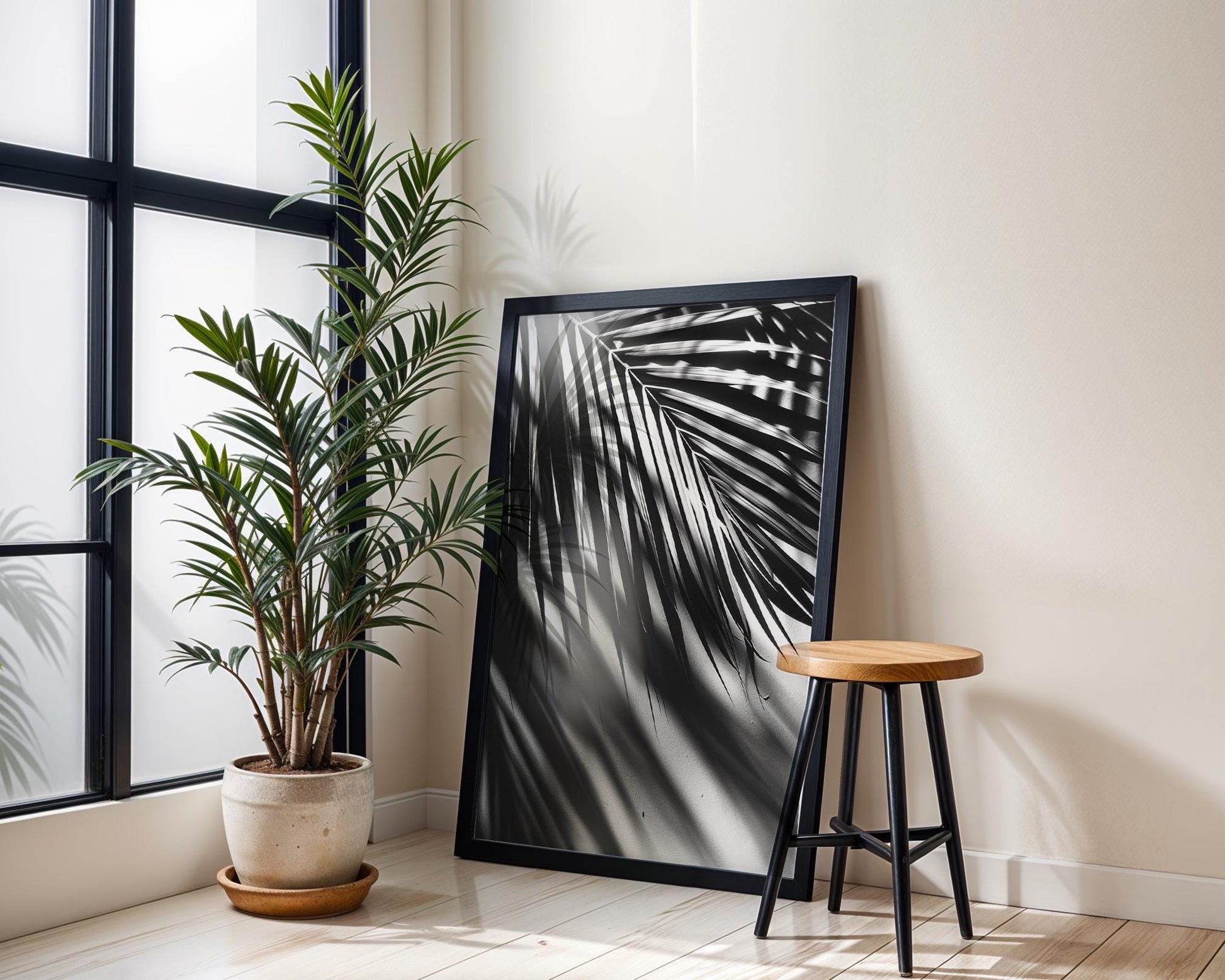 Botanical Photo | Palm Shadows on Wall | Black and White Abstract Photography abstract wall art print, geometric minimalist poster, modern Scandinavian decor, Monohaus