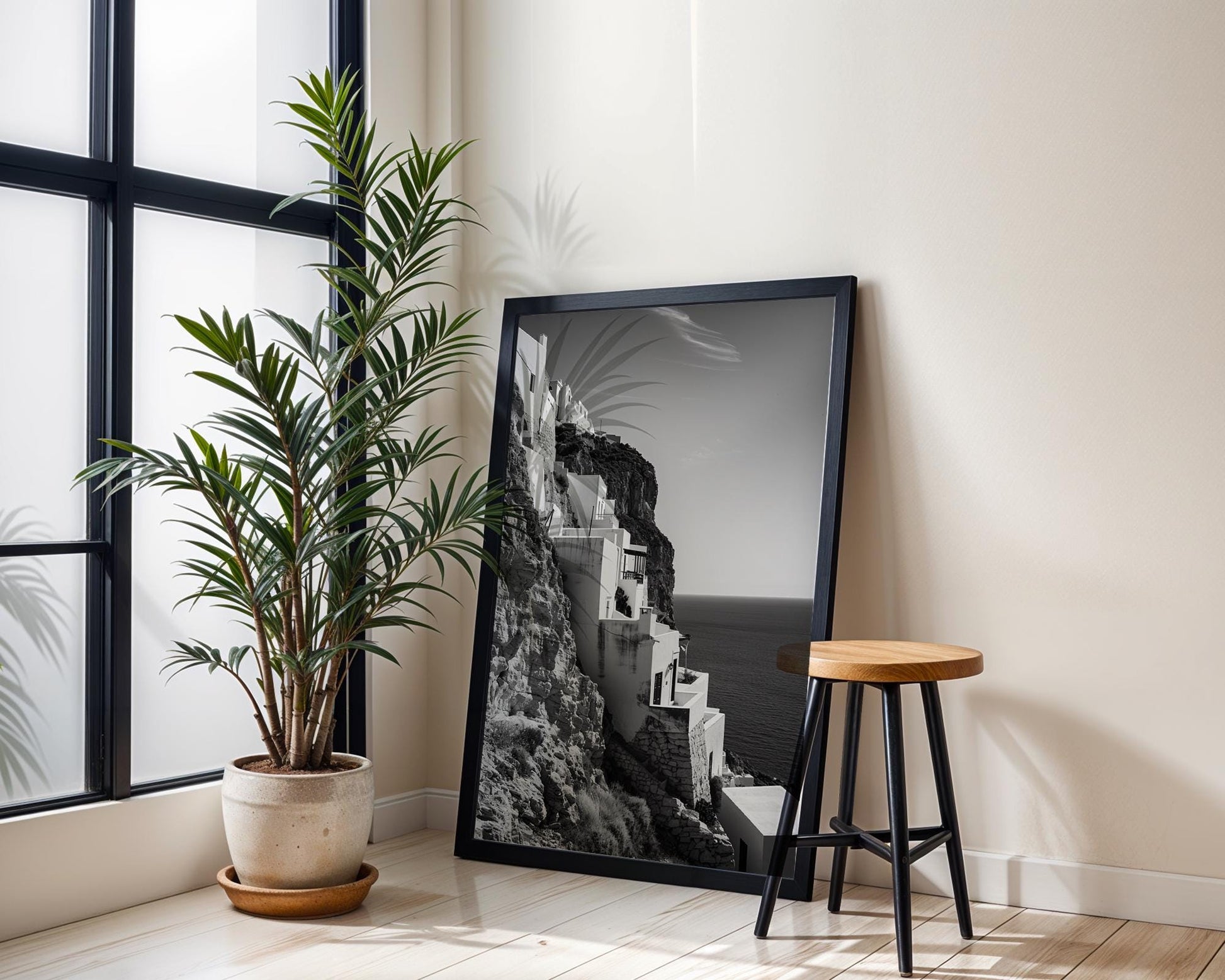 World Landmark | Santorini Cliff Houses Print | Black and White Greece Photography wall art print, minimalist black and white poster, modern Scandinavian wall decor, Monohaus