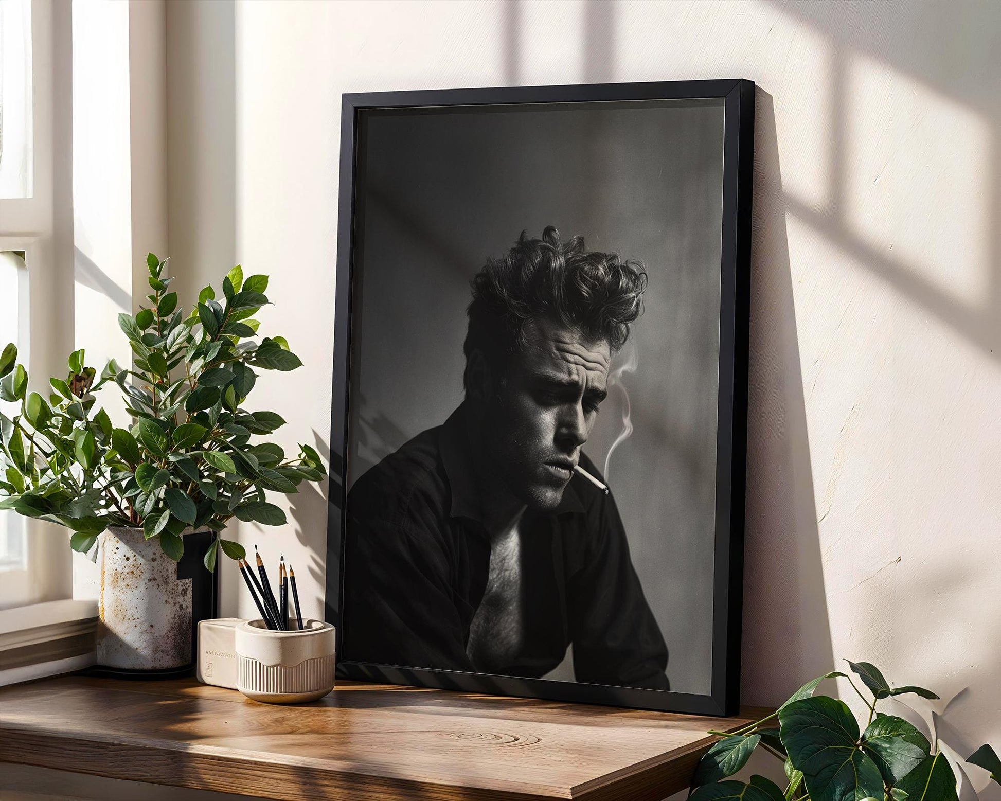 Minimal Wall Art Black & White Smoking Man Portrait | Classic Film Noir Photography Print wall art print, minimalist black and white poster, modern Scandinavian wall decor, Monohaus