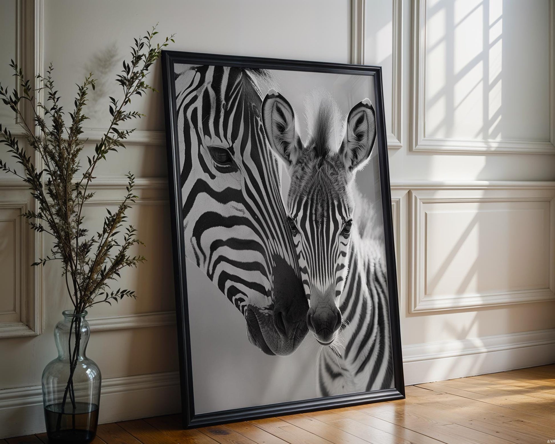 Wildlife Poster | Mother and Baby Zebra Print • Black & White Safari Animal Photography wall art print, minimalist black and white poster, modern Scandinavian wall decor, Monohaus