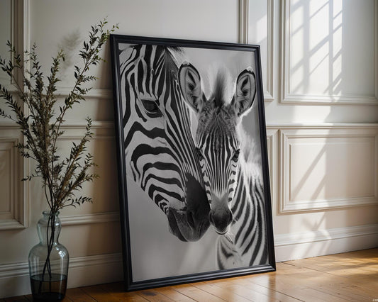 Wildlife Poster | Mother and Baby Zebra Print • Black & White Safari Animal Photography wall art print, minimalist black and white poster, modern Scandinavian wall decor, Monohaus