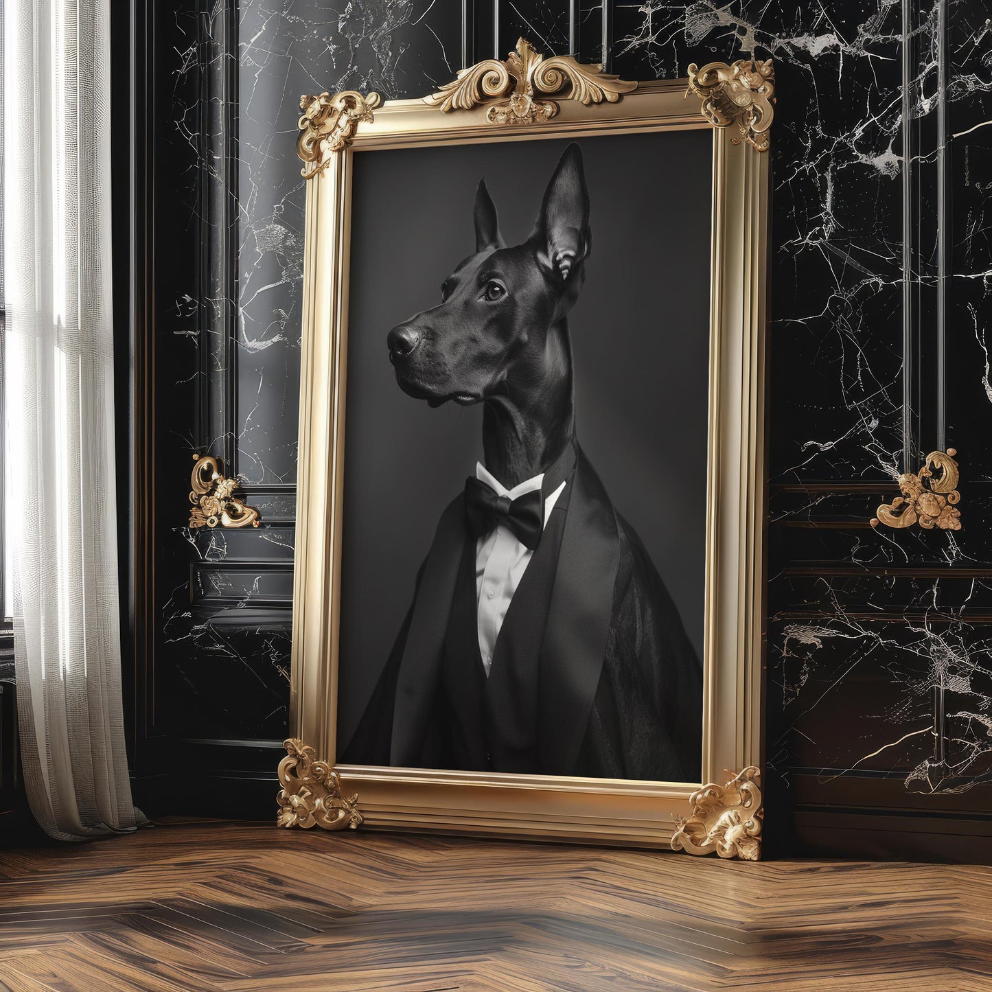 Dog Photography Doberman in Tuxedo Art Print | Formal Pet Portrait wall art print, minimalist black and white poster, modern Scandinavian wall decor, Monohaus