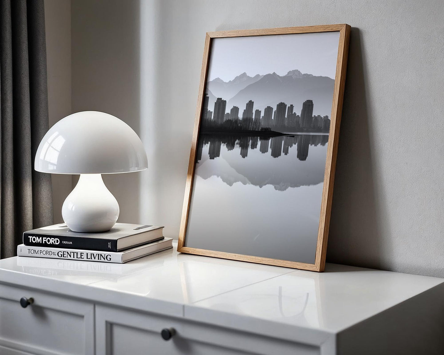 World Landmark | Vancouver Skyline Print | Black and White Mountain Reflection wall art print, minimalist black and white poster, modern Scandinavian wall decor, Monohaus