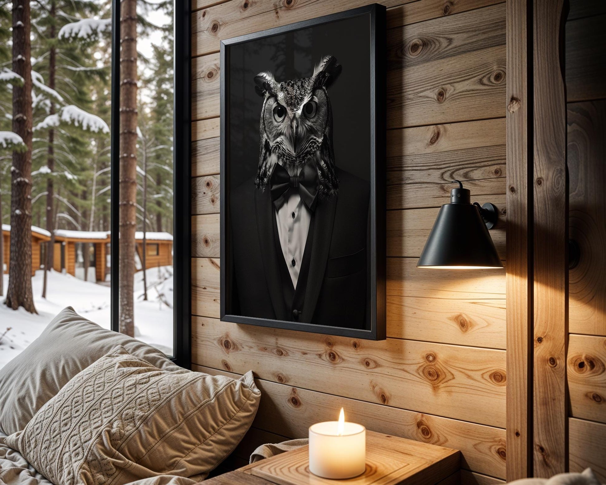 Designer Wall Art | Owl in Tuxedo Portrait Print | Black and White Animal Photography wall art print, minimalist black and white poster, modern Scandinavian wall decor, Monohaus