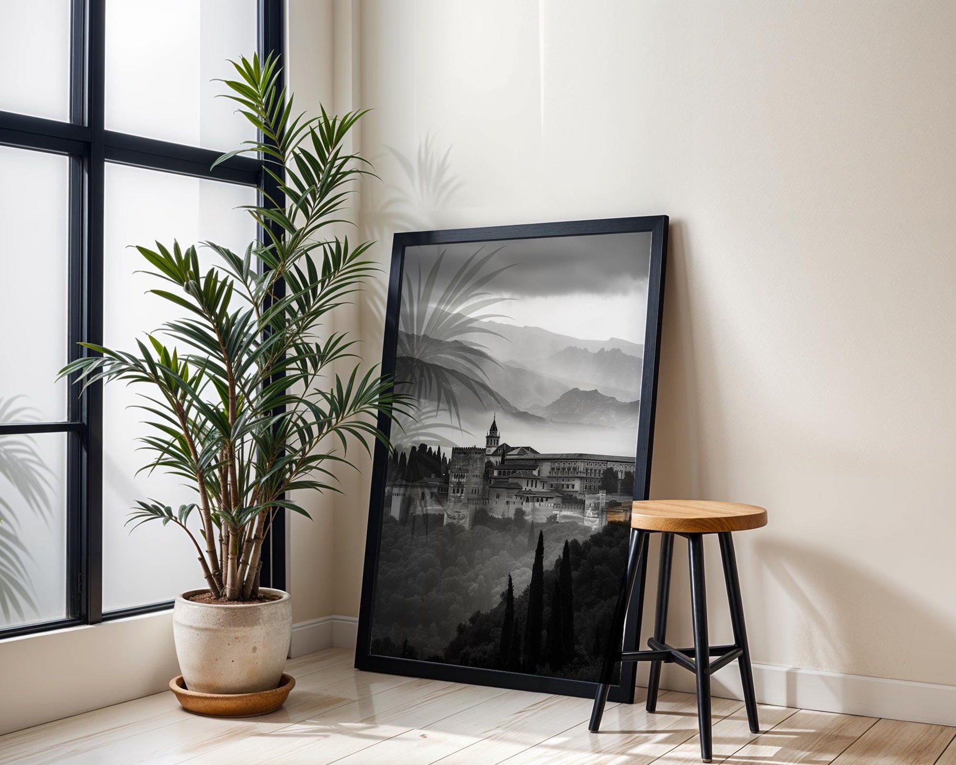 World Landmark | Alhambra Palace Print | Black and White Spanish Architecture Photography wall art print, black and white architectural poster, minimalist modern Scandinavian wall decor, Monohaus