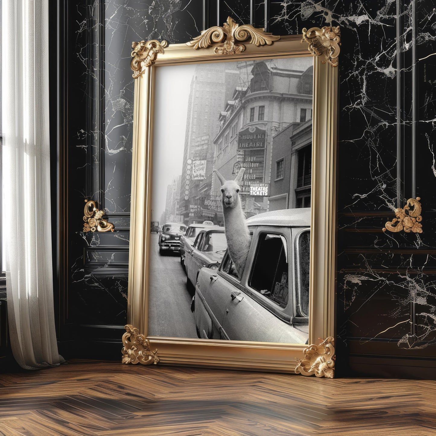 Designer Wall Art | Funny Llama in Car Print | Black and White City Photography wall art print, black and white architectural poster, minimalist modern Scandinavian wall decor, Monohaus