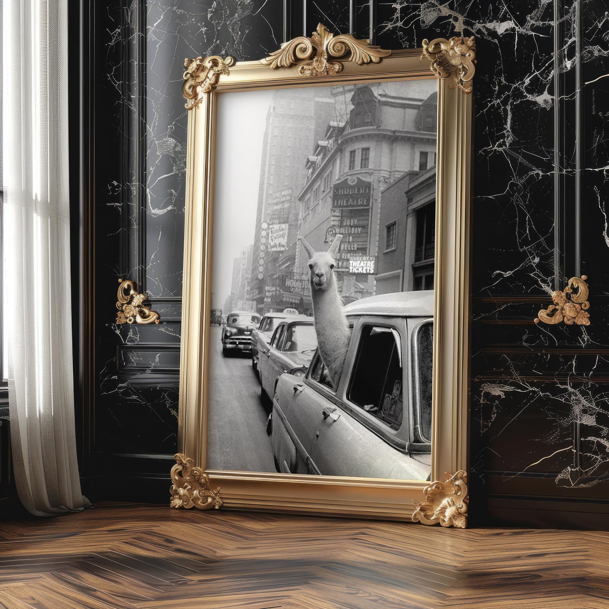 Designer Wall Art | Funny Llama in Car Print | Black and White City Photography wall art print, black and white architectural poster, minimalist modern Scandinavian wall decor, Monohaus