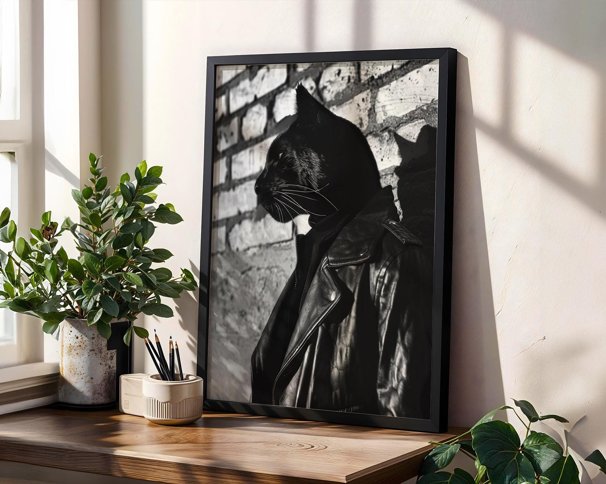 Dog Photography Black Panther Leather Jacket Print | Bold Animal Portrait, Urban Decor black and white photo print, minimalist monochrome wall art poster for modern interiors, Monohaus