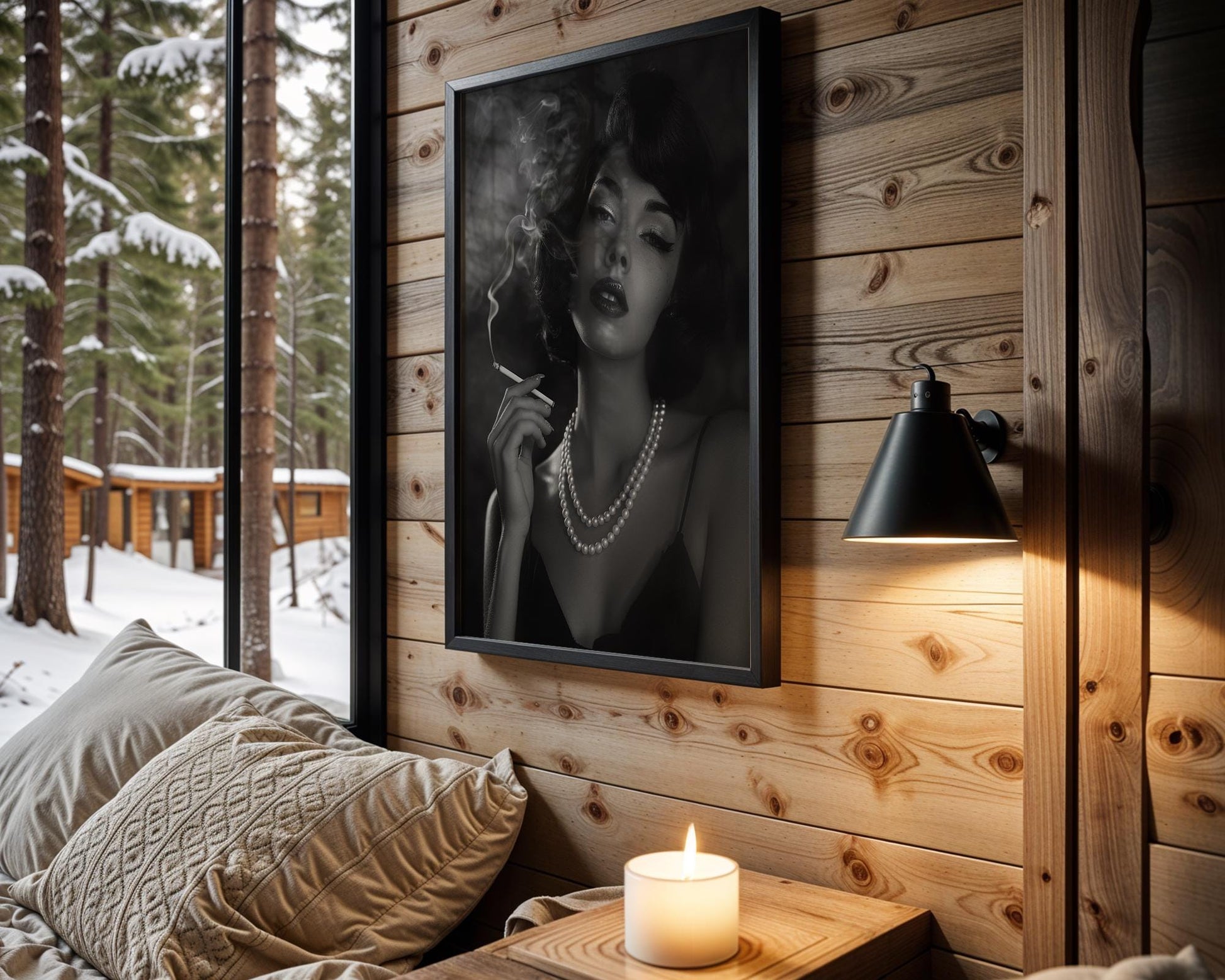 Minimal Wall Art Vintage Film Noir Woman Smoking | Black & White 1950s Fashion wall art print, minimalist black and white poster, modern Scandinavian wall decor, Monohaus