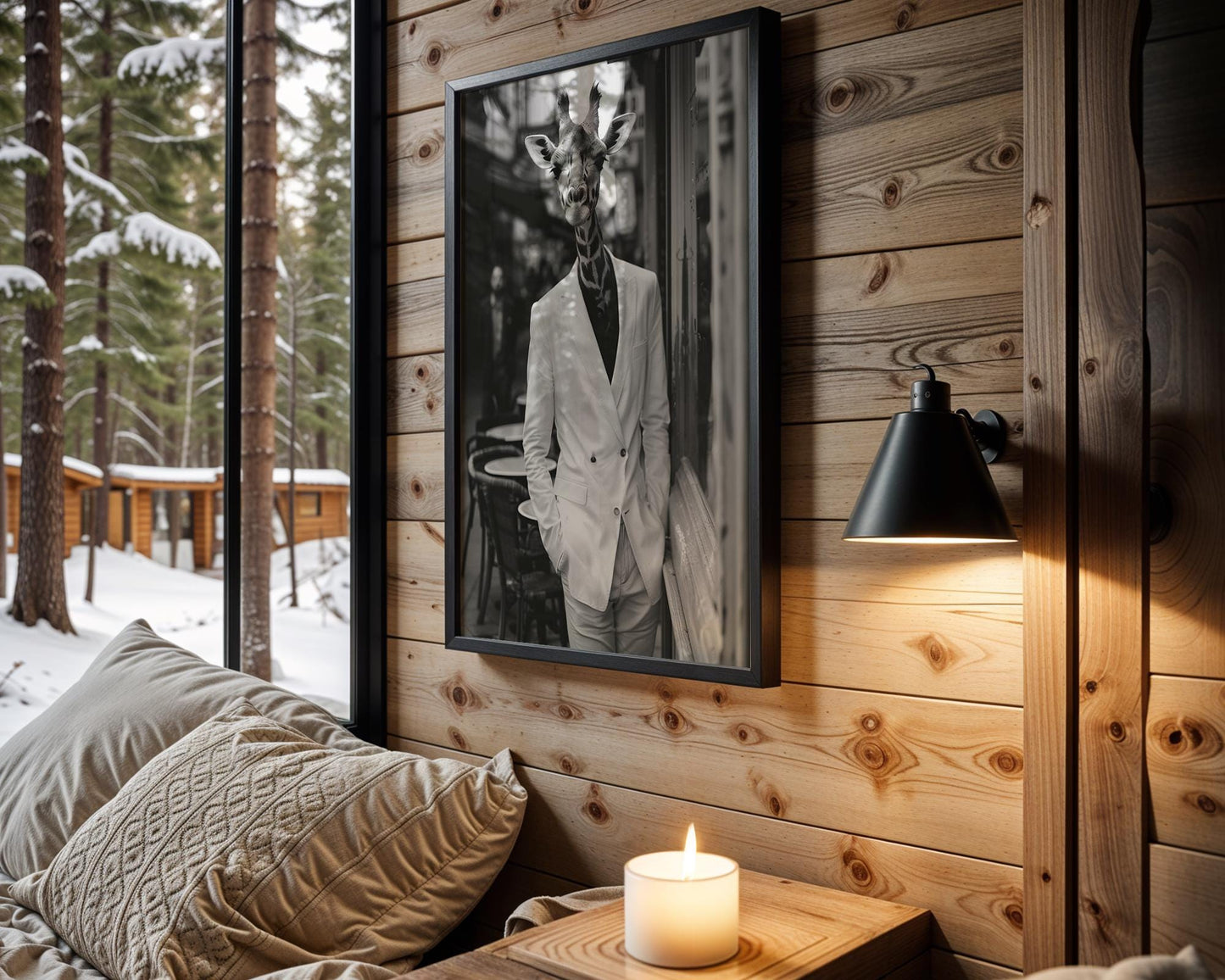 Designer Wall Art | Surreal Giraffe Portrait Print | Dapper Animal Photo Collage wall art print, minimalist black and white poster, modern Scandinavian wall decor, Monohaus