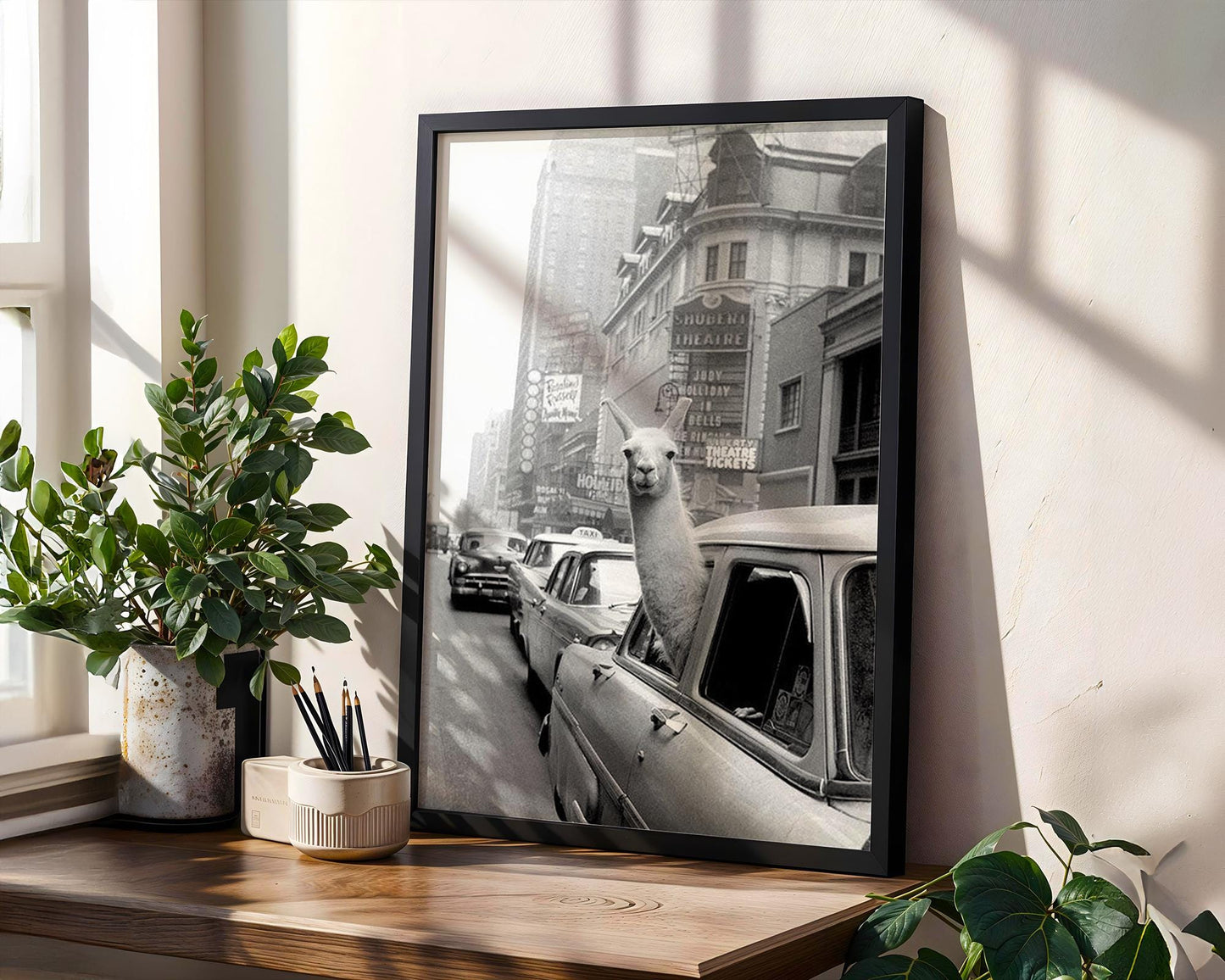 Designer Wall Art | Funny Llama in Car Print | Black and White City Photography wall art print, black and white architectural poster, minimalist modern Scandinavian wall decor, Monohaus