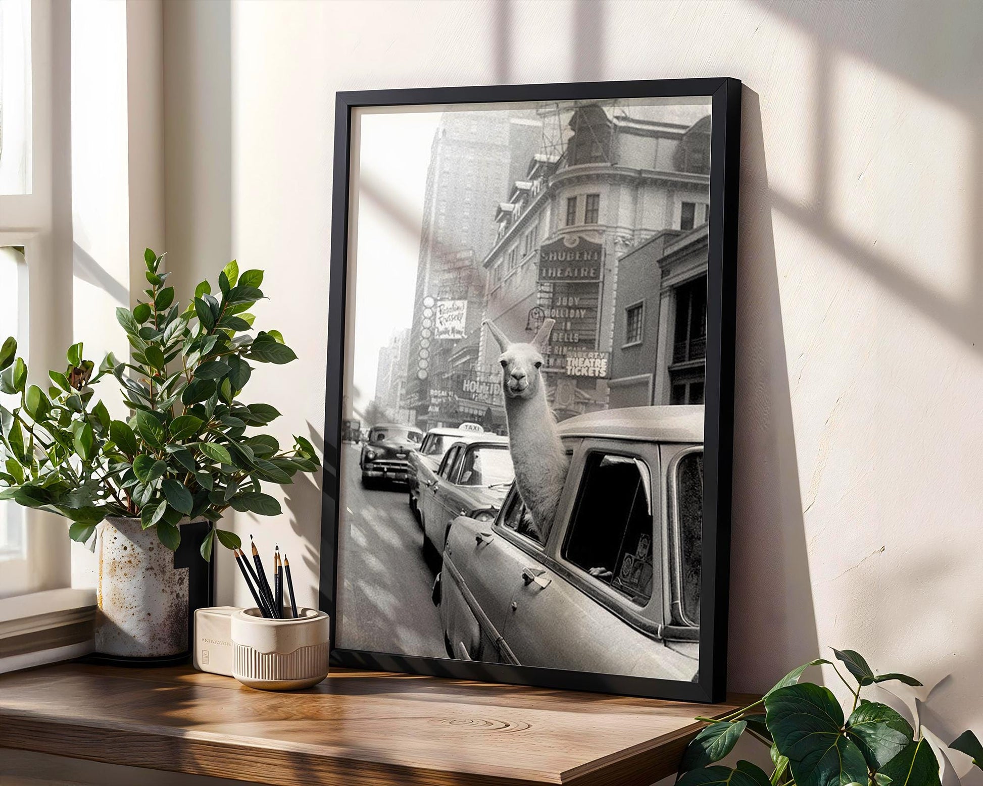 Designer Wall Art | Funny Llama in Car Print | Black and White City Photography wall art print, black and white architectural poster, minimalist modern Scandinavian wall decor, Monohaus