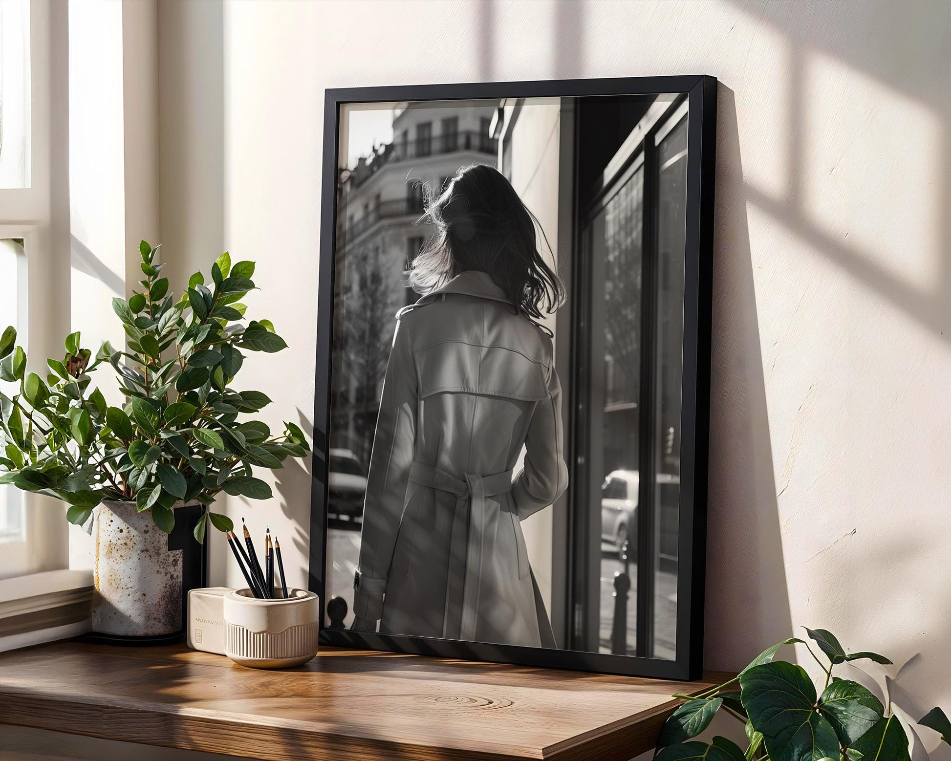 Minimal Wall Art Parisian Woman in Trench Coat Print | Modern Minimalist Home Decor wall art print, minimalist black and white poster, modern Scandinavian wall decor, Monohaus