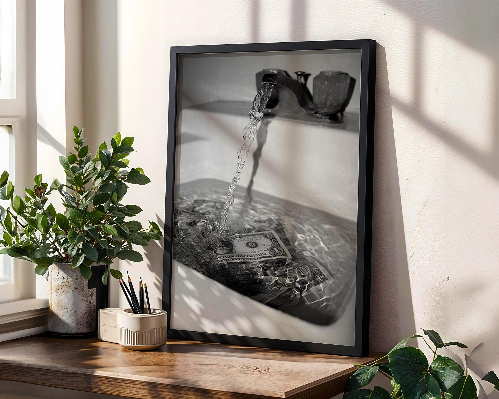 Designer Wall Art | Money Down The Drain Print | Conceptual Black and White Art wall art print, minimalist black and white poster, modern Scandinavian wall decor, Monohaus