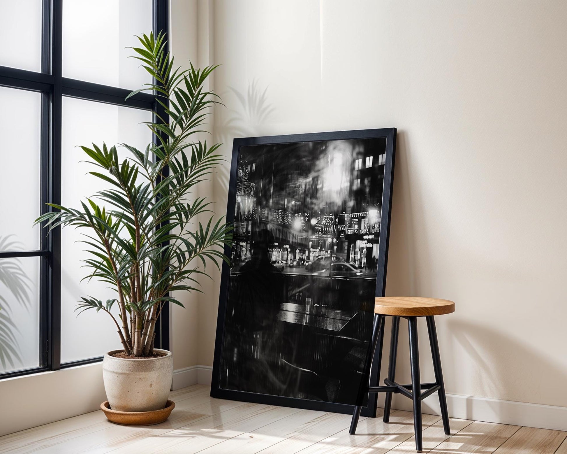 Urban Photography | Parisian Cafe Night Print | Black and White Photography, Moody Bokeh black and white photo print, minimalist monochrome wall art poster for modern interiors, Monohaus